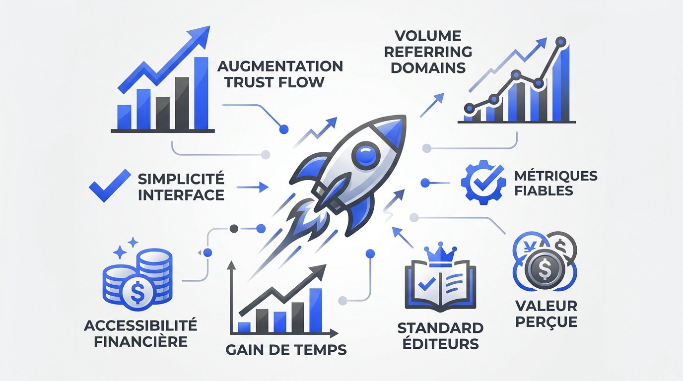 Infographie montrant la corrélation entre métriques SEO et performance financière pour la vente de liens