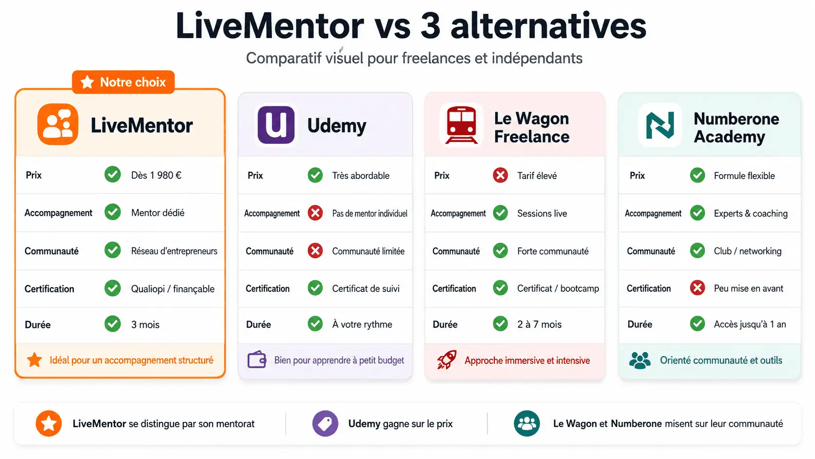 Comparaison formation freelance LiveMentor vs alternatives Udemy Le Wagon Numberone