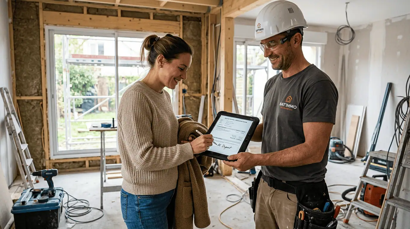 Ouvrier du bâtiment faisant signer un devis sur une tablette à une cliente sur le chantier de sa maison