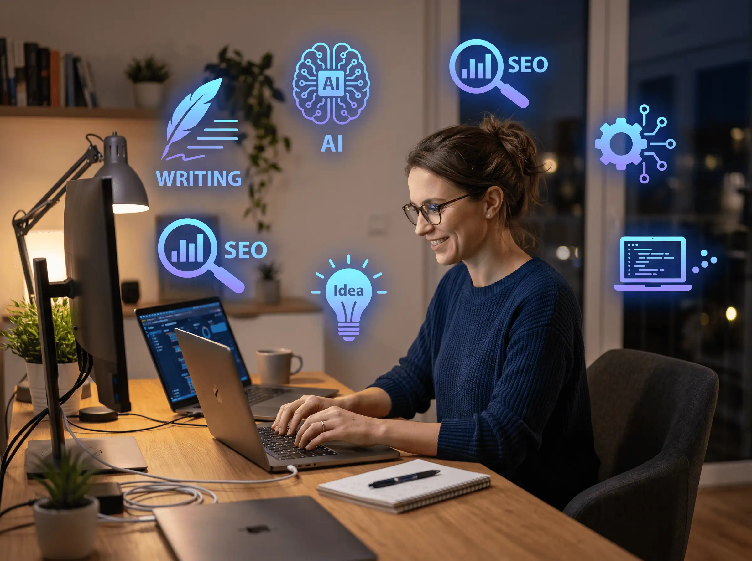 Freelance utilisant un outil de rédaction IA SEO pour optimiser ses contenus