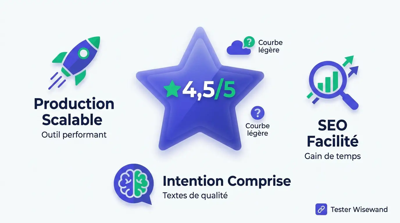 Infographie Wisewand : Production Scalable, SEO Facilité, Intention Comprise — note 4,5/5